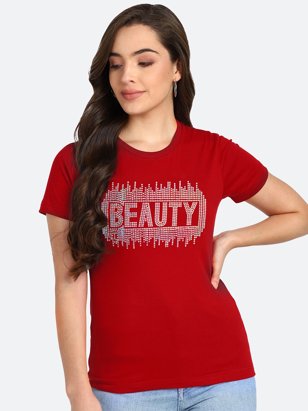 

shashvi Women Red Typography Printed Cotton T-shirt