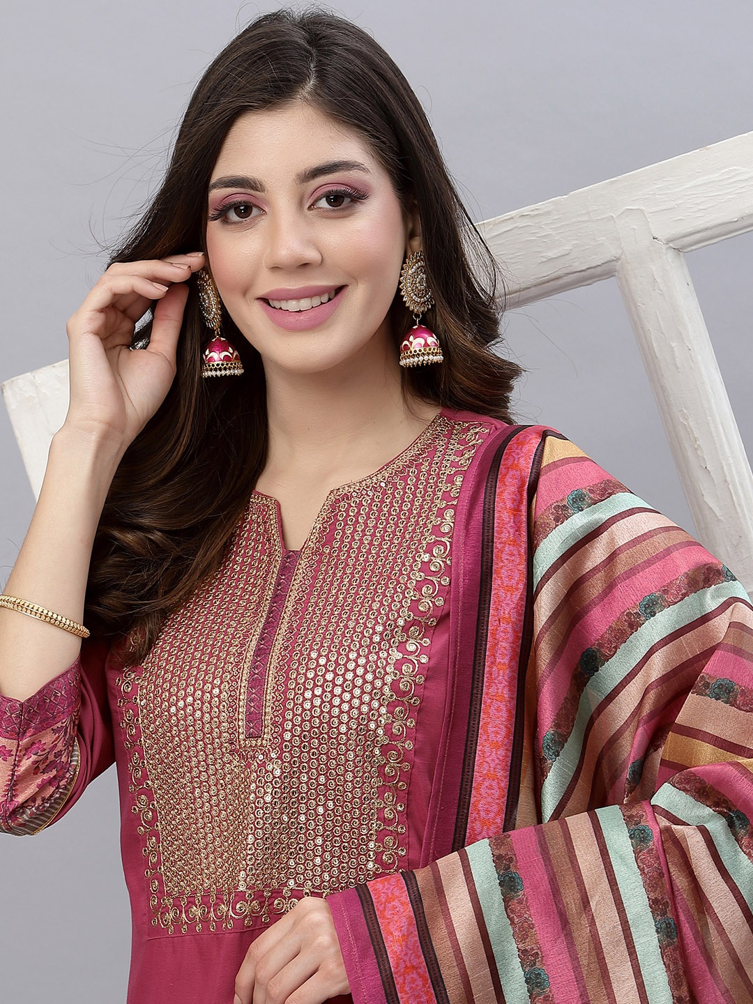 

SKYLEE Women Pink Ethnic Motifs Yoke Design Kurta with Trousers & With Dupatta