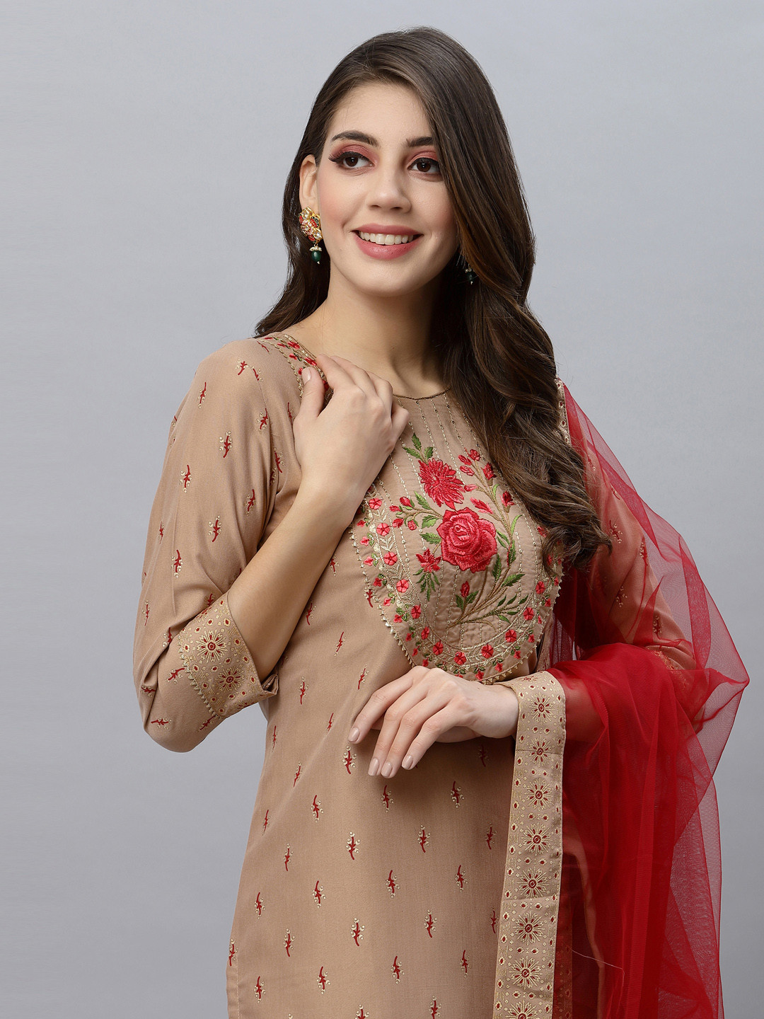 

SKYLEE Women Beige Ethnic Motifs Embroidered Kurta with Trousers & With Dupatta