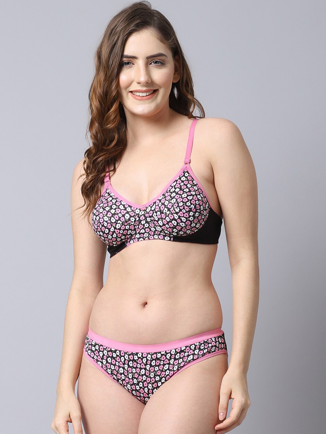 

PrettyCat Women Pink & Black Floral Printed Cotton Lingerie Set- PC-SET-6084-PNK-38B