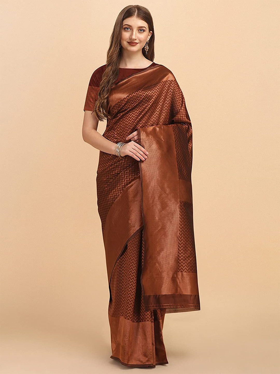 

Naishu Trendz Brown & Gold-Toned Woven Design Pure Silk Kanjeevaram Saree