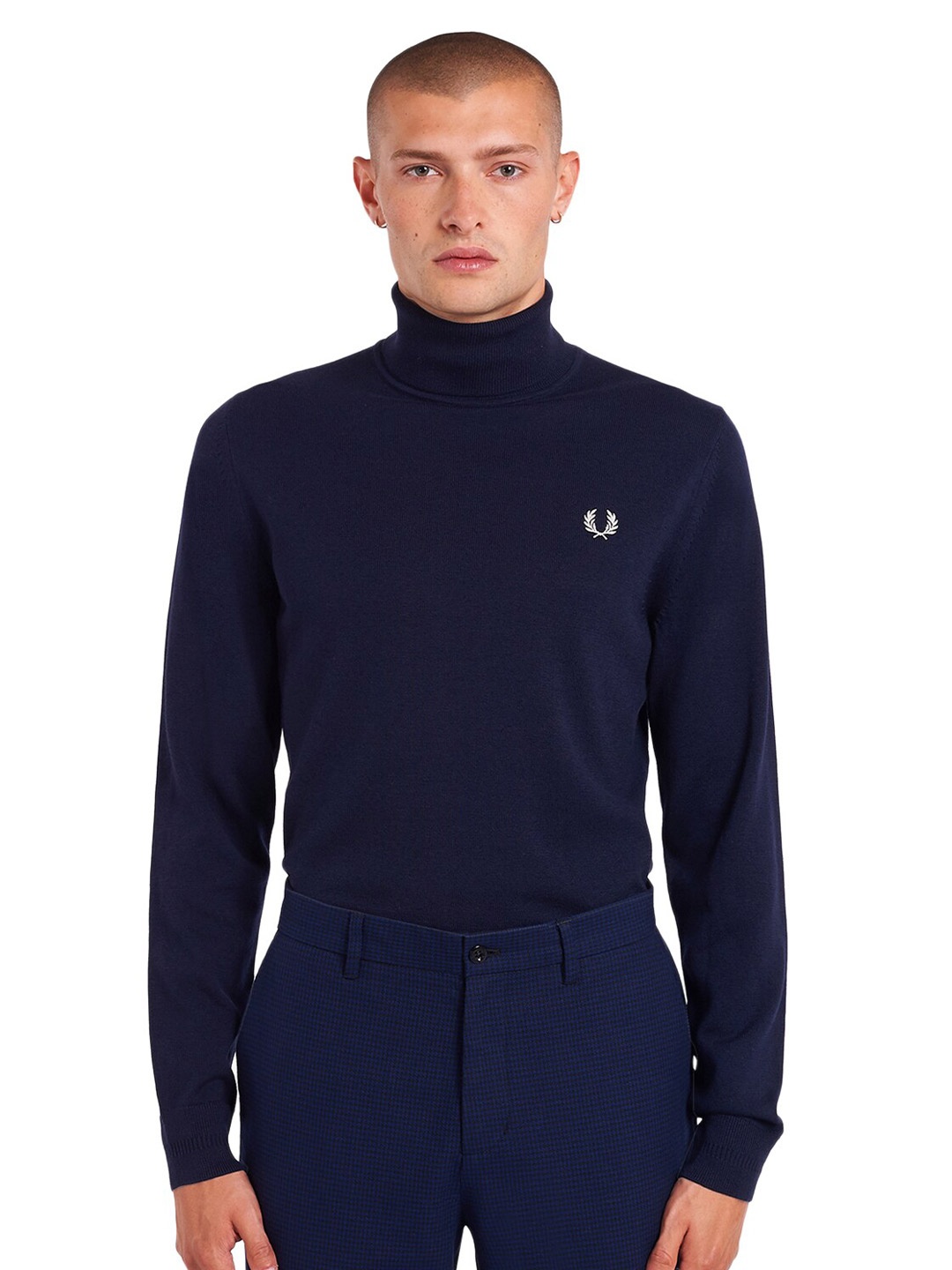 

Fred Perry Men Navy Blue Solid Turtle-Neck Cotton Pullover