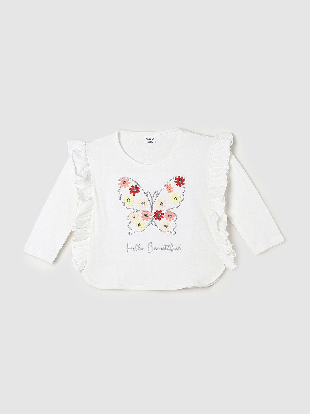 

max White & Red Pure Cotton Embroidered Ruffles Top