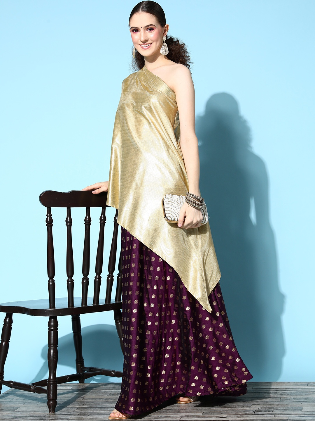 

InWeave Women Stunning Gold Self-Design Top with Skirt