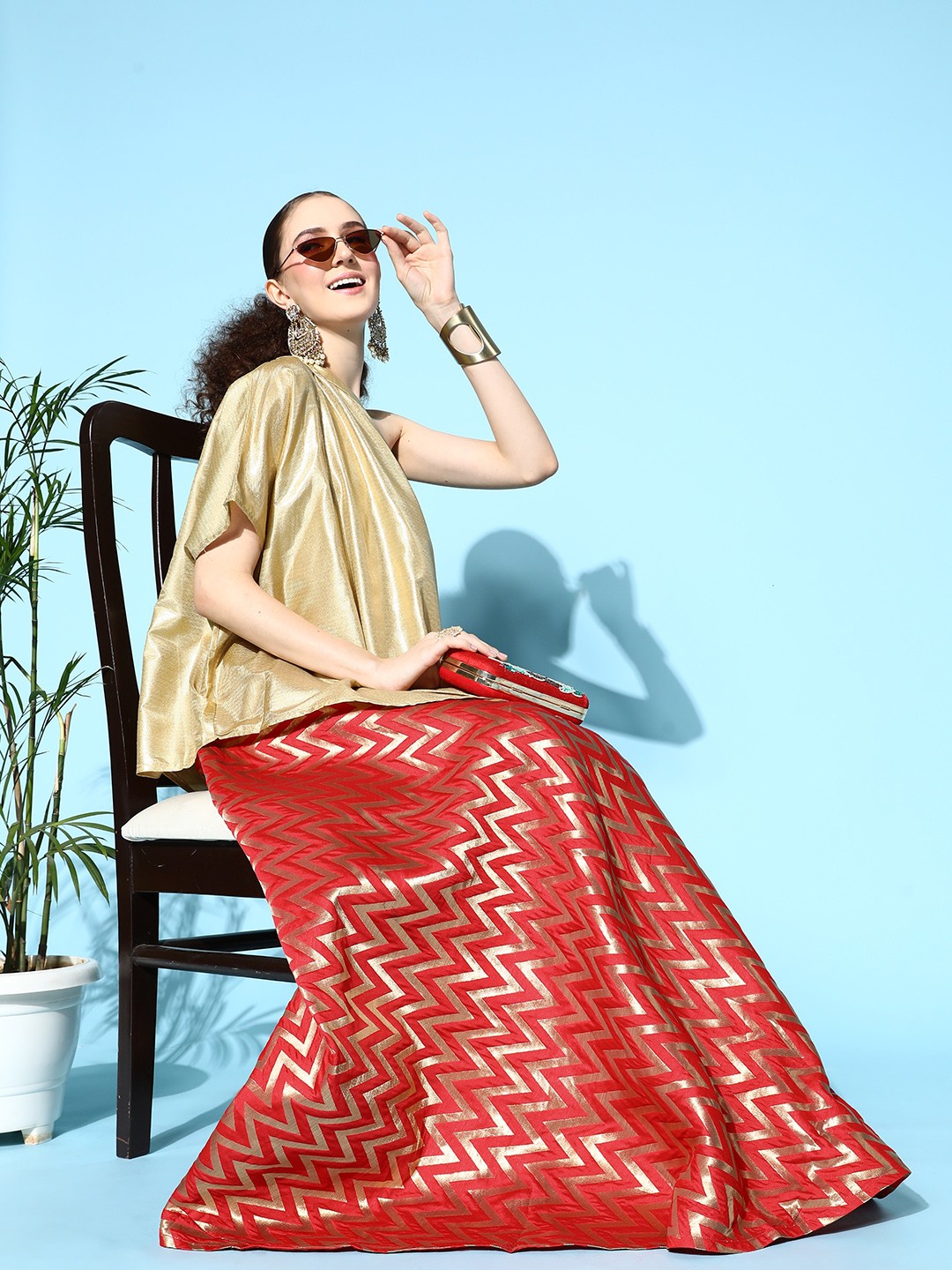 

InWeave Women Gold Self-Design Top with Skirt