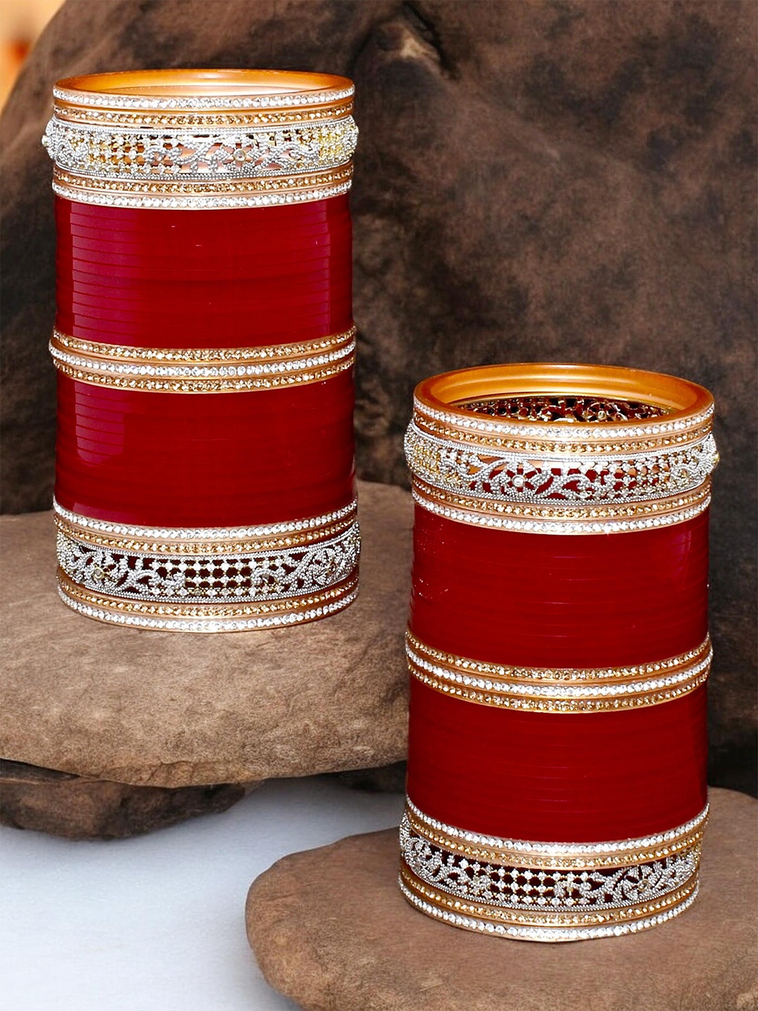 

LUCKY JEWELLERY Women Maroon & White Stone Studded Bangle Set