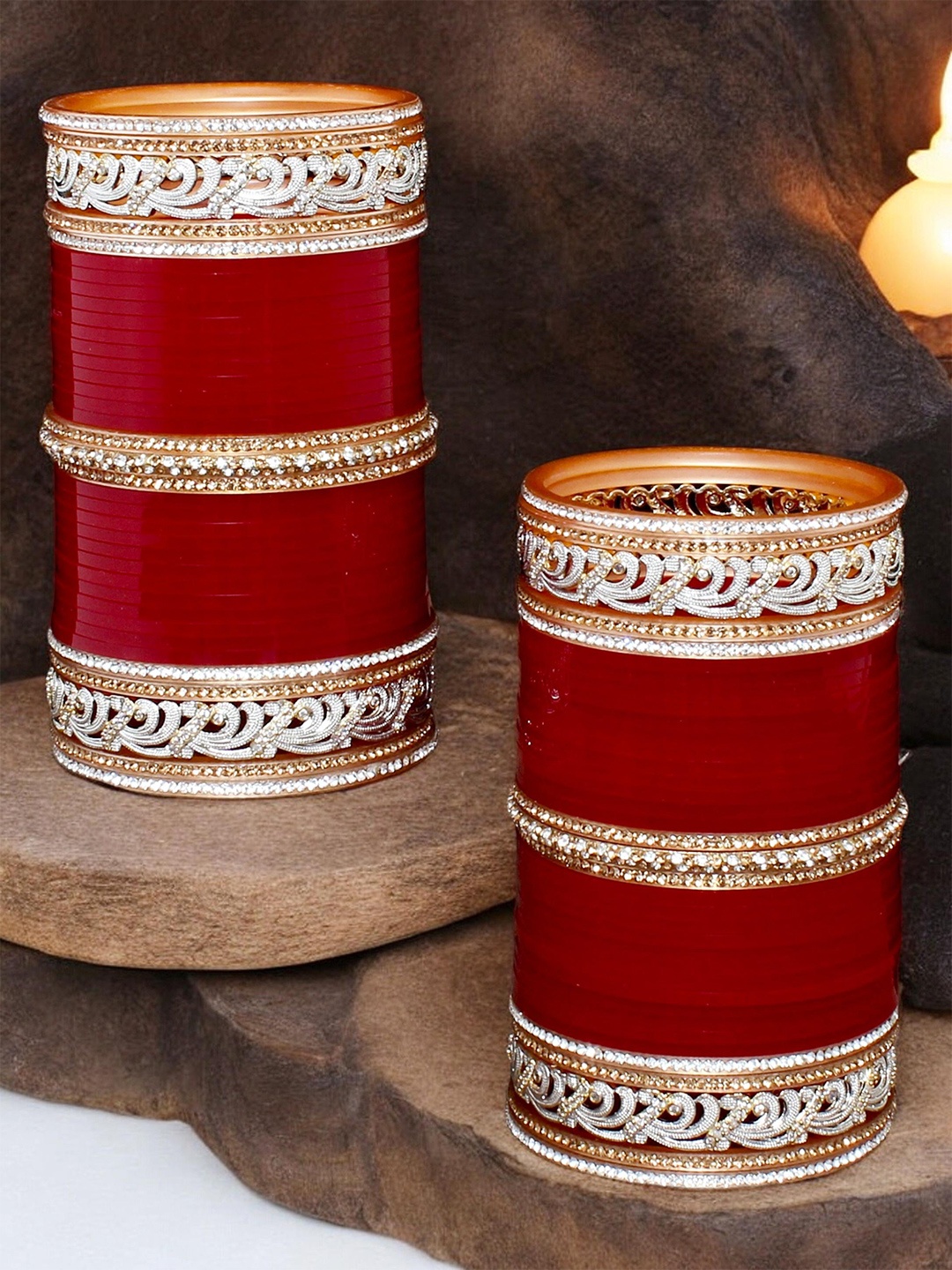 

LUCKY JEWELLERY Women Maroon & White CZ Studded Bridal Wedding Punjabi Chuda Bangles Set