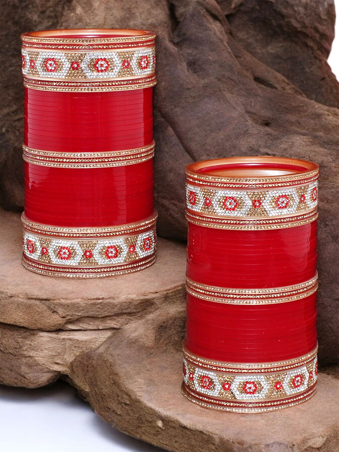 

LUCKY JEWELLERY Red CZ Stone-Studded Punjabi Chura Bridal Wedding Bangle Set