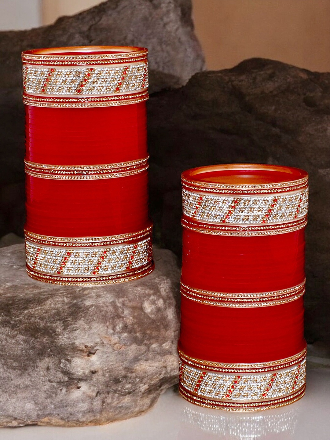 

LUCKY JEWELLERY Red & White CZ Studded Chura Bangle Set