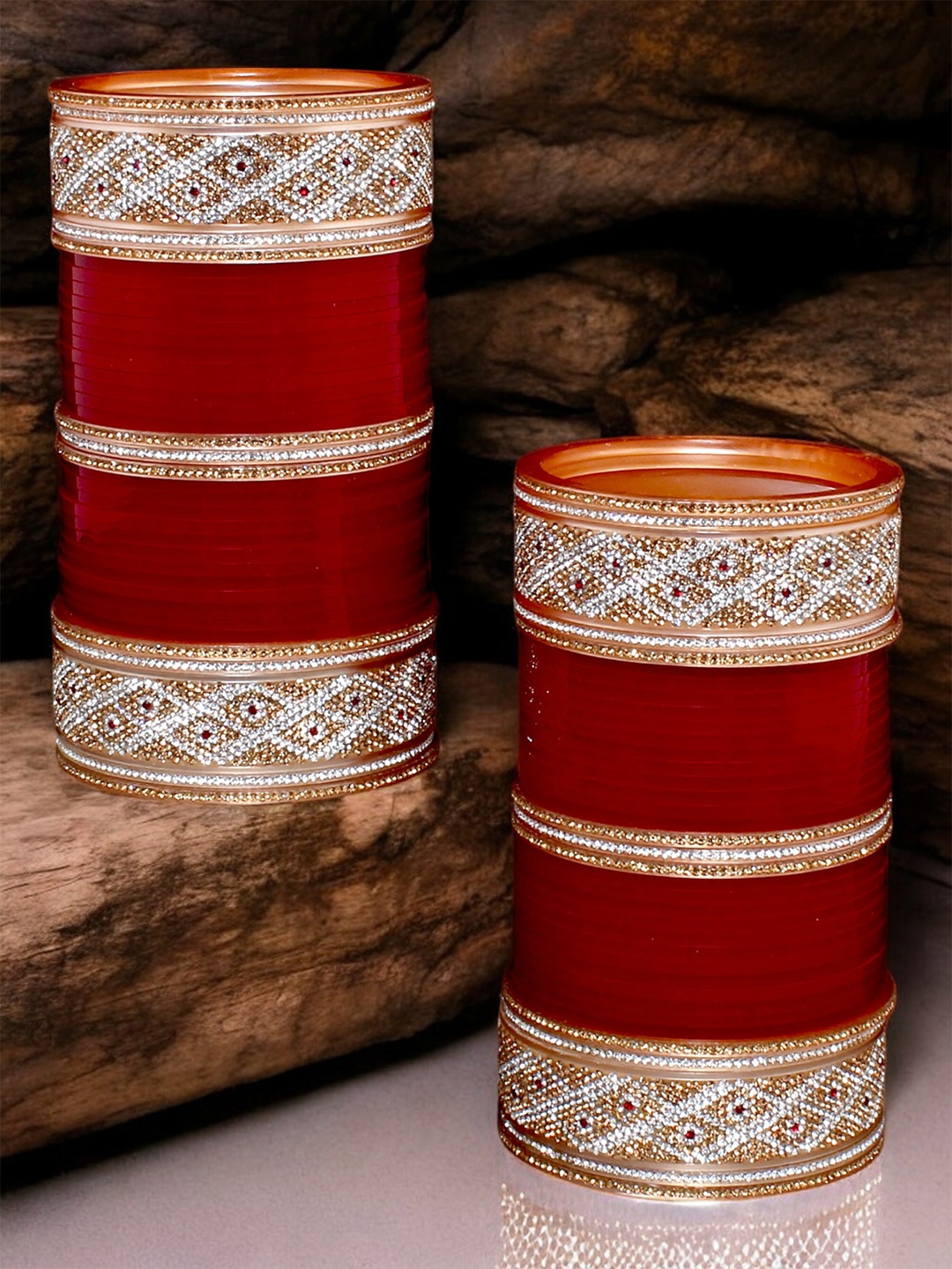 

LUCKY JEWELLERY Maroon & White CZ Studded Bridal Chura Bangle Set