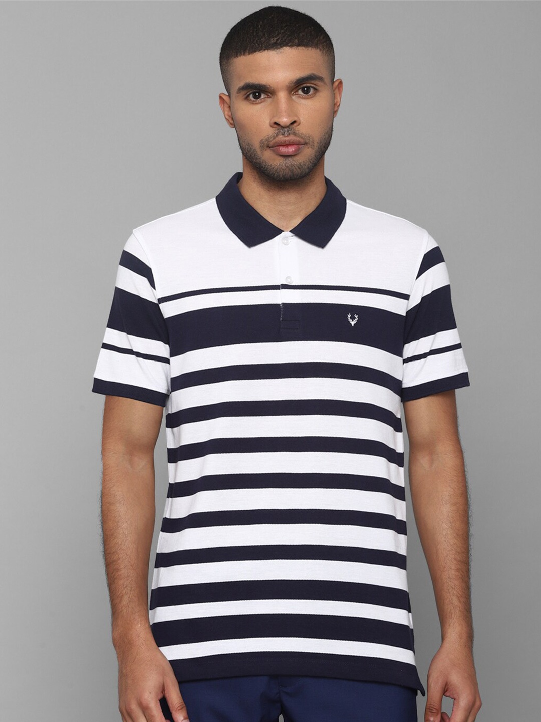 

Allen Solly Men White & Navy Blue Striped Polo Collar T-shirt