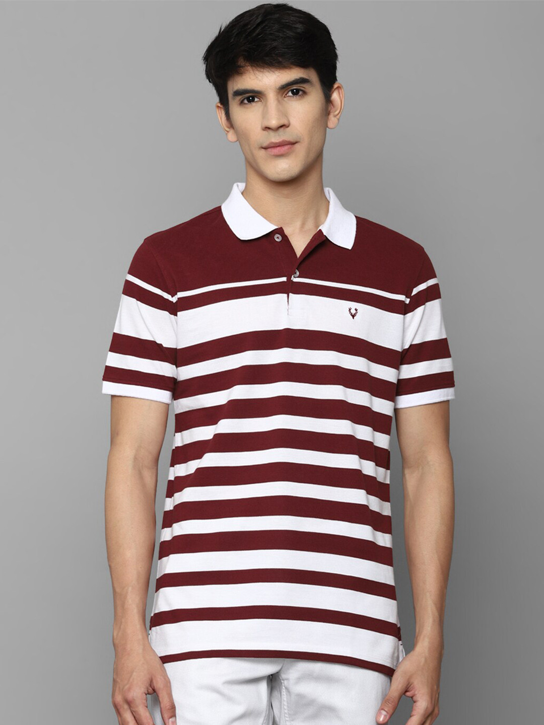 

Allen Solly Men Maroon Striped Polo Collar T-shirt