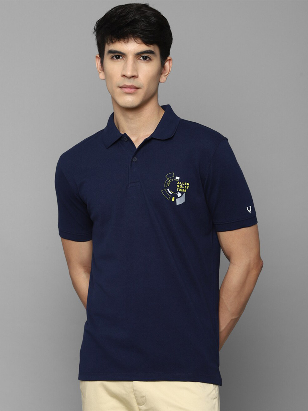 

Allen Solly Tribe Men Navy Blue Solid Polo Collar Pure Cotton T-shirt