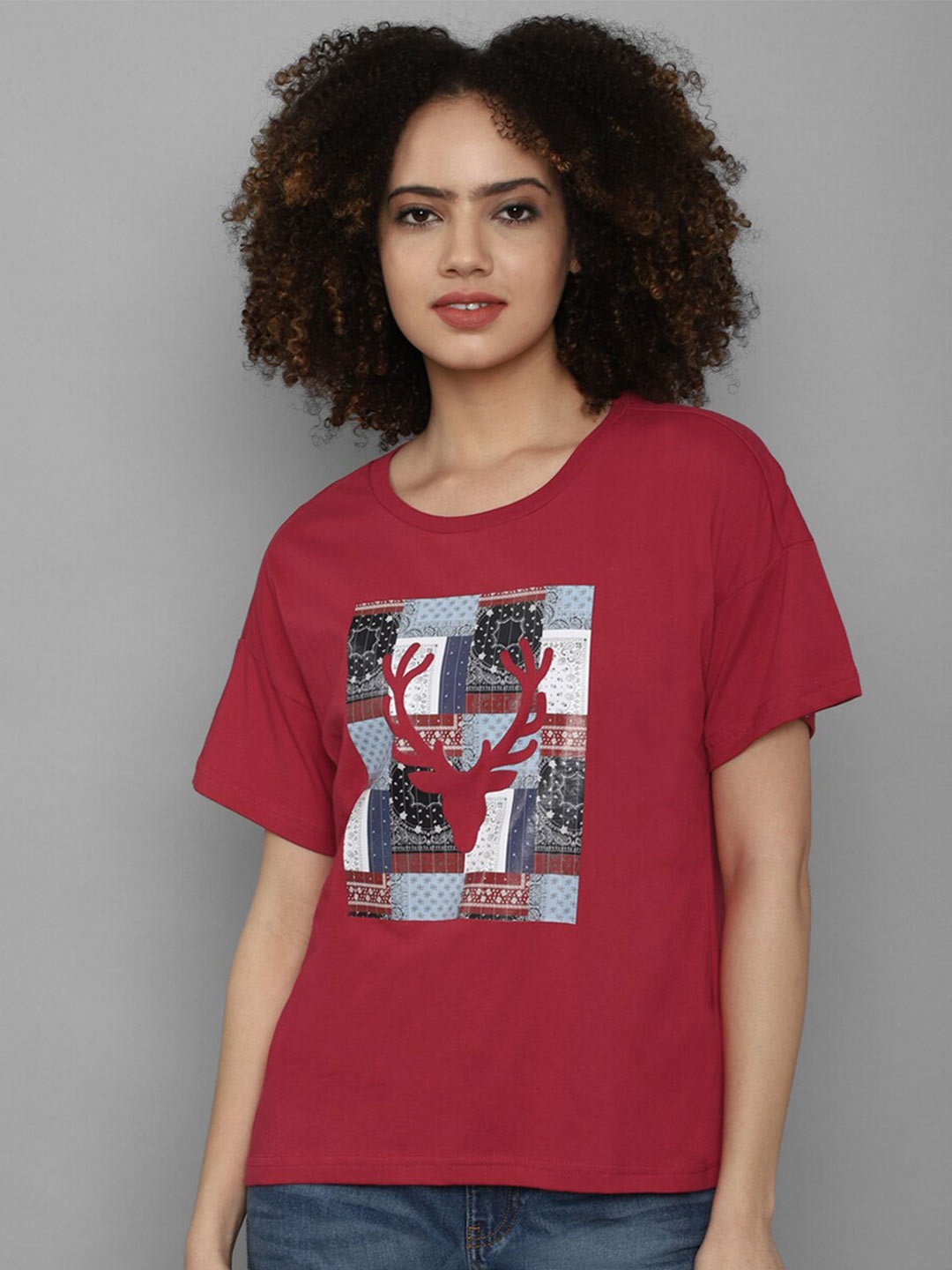 

Allen Solly Woman Women Red Printed Cotton T-shirt