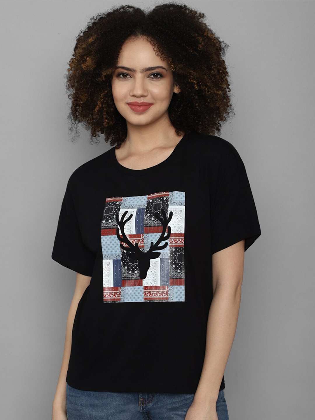 

Allen Solly Woman Women Black Printed Drop-Shoulder Sleeves Cotton T-shirt