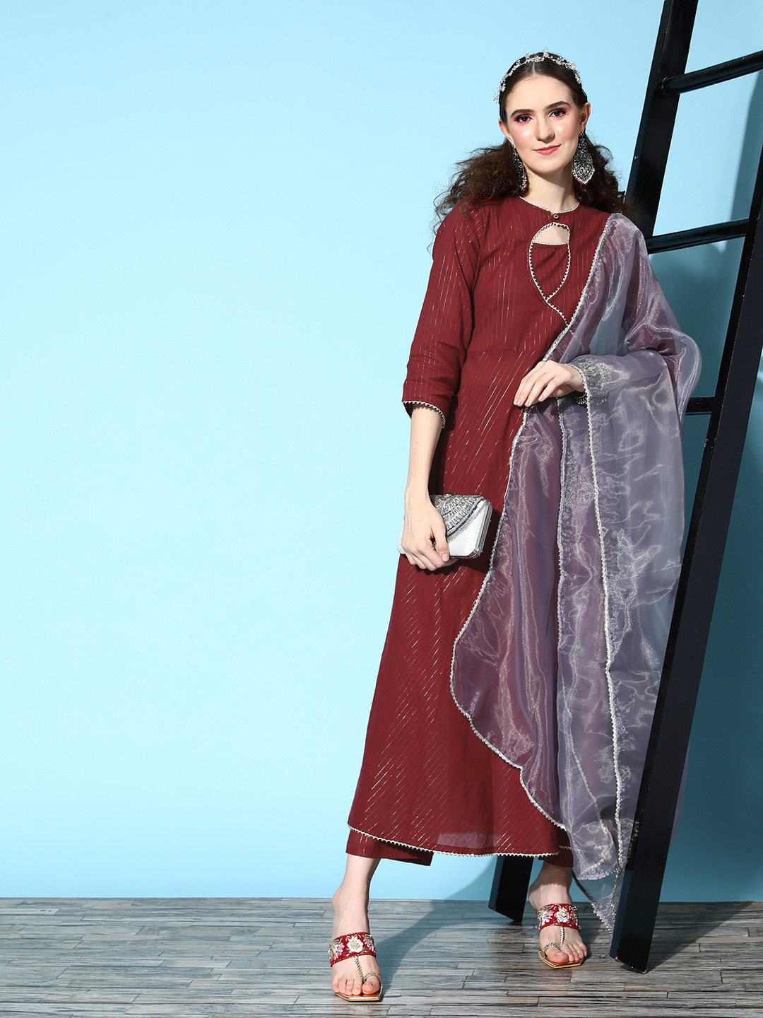

InWeave Women Striped Pure Cotton Fluid Tie-Up Kurta Set, Maroon