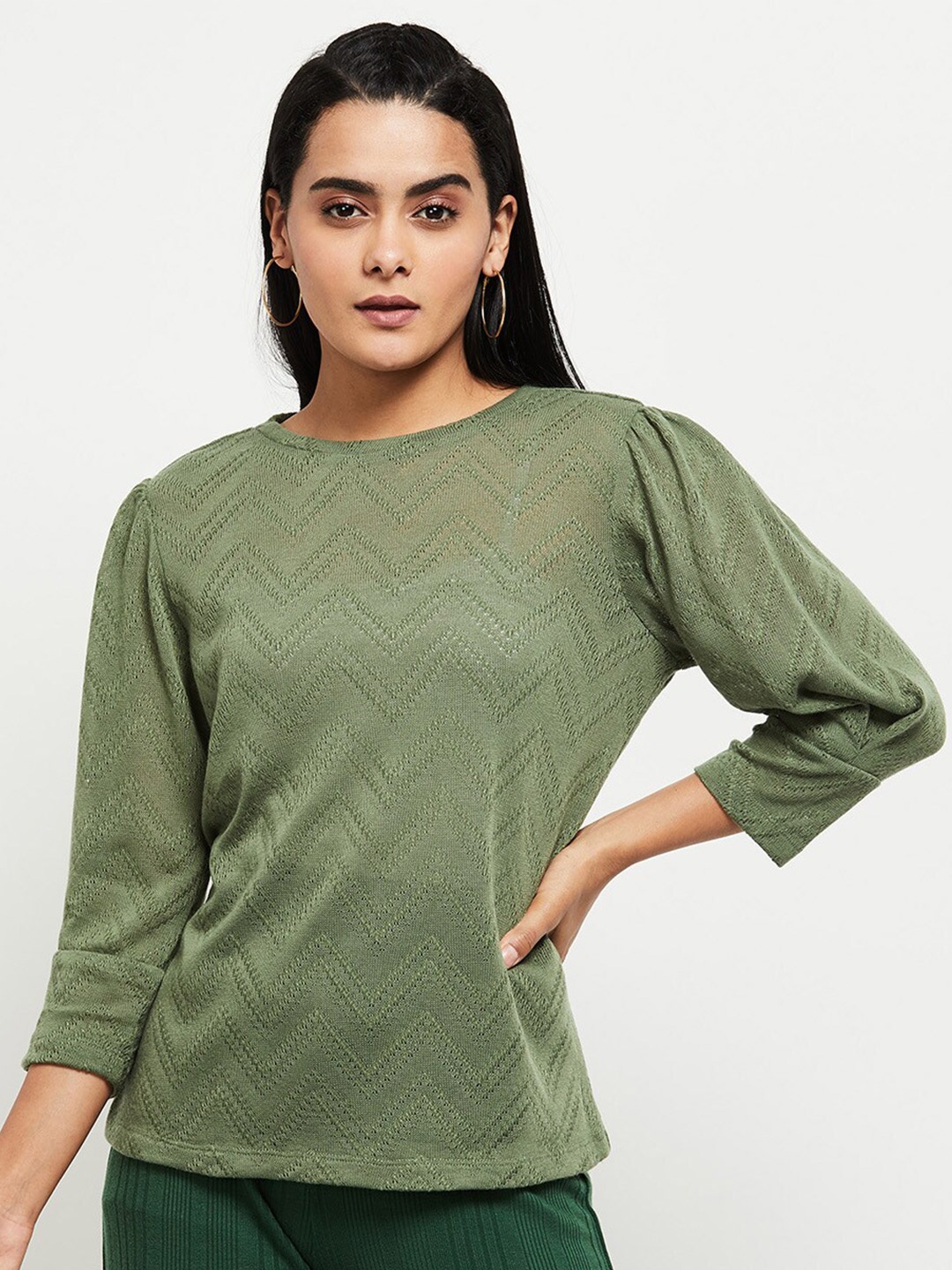 

Max Women Olive Green Self-Design Regular Top
