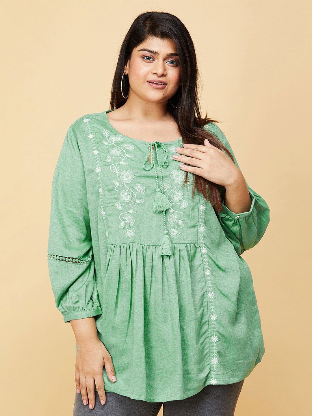 

max Green Embroidered Tie-Up Cuffed Sleeves Neck Top