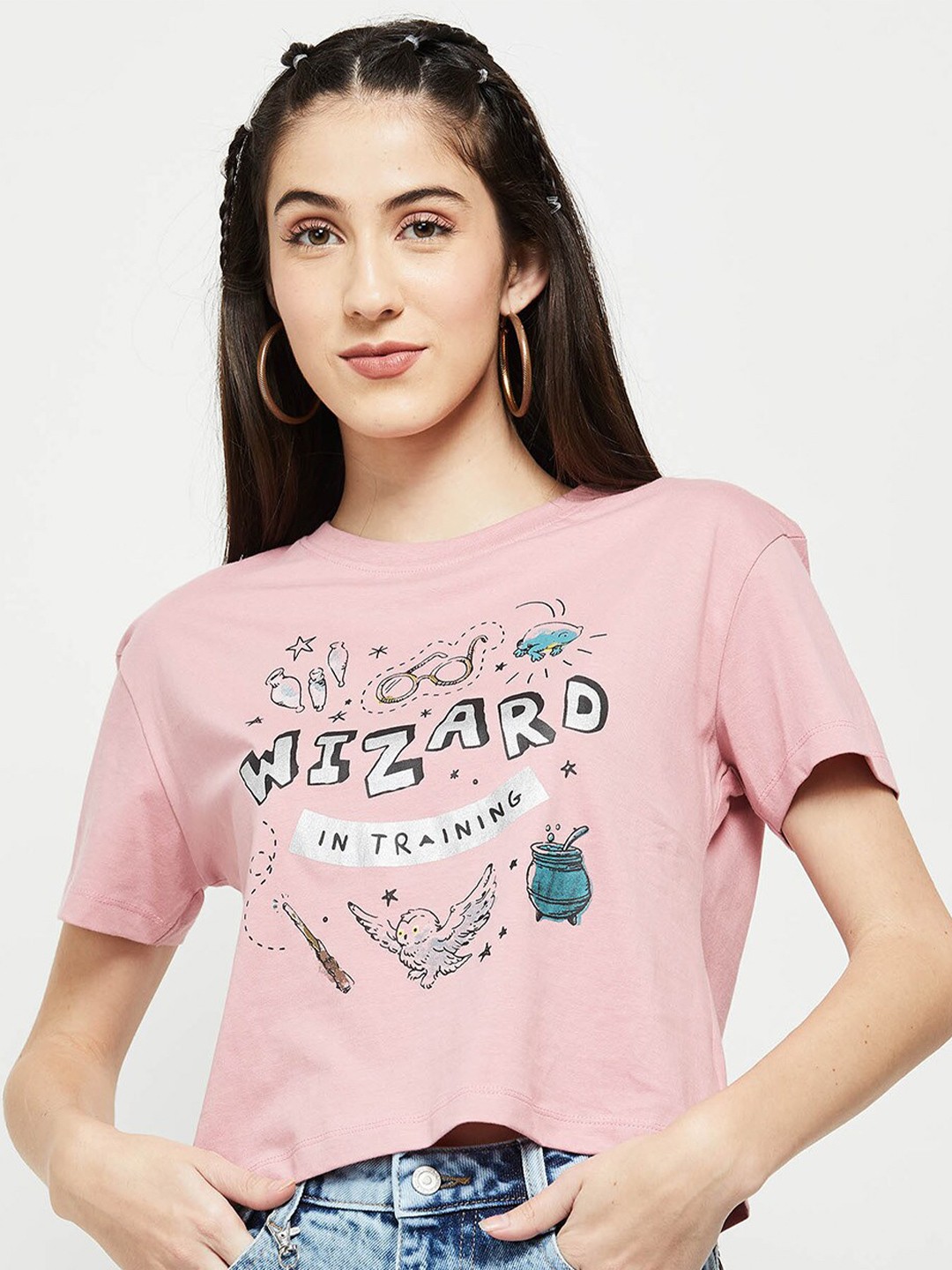 

max Women Pink Print Pure Cotton Round Neck Top