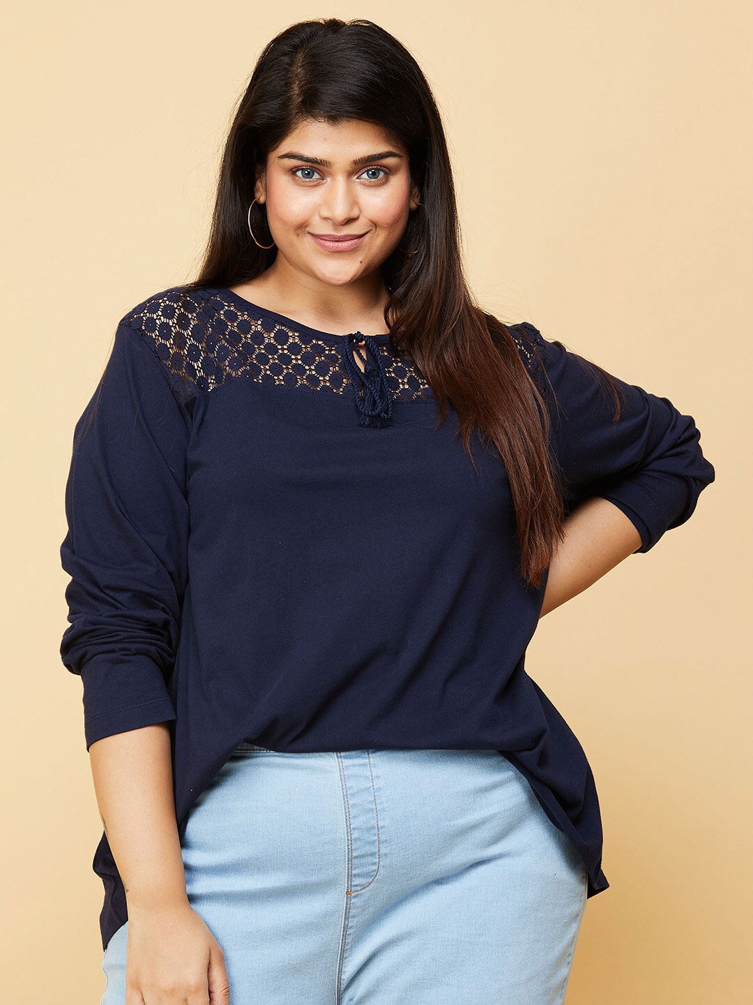 

max Women Plus Size Navy Blue Solid Tie-Up Neck Top