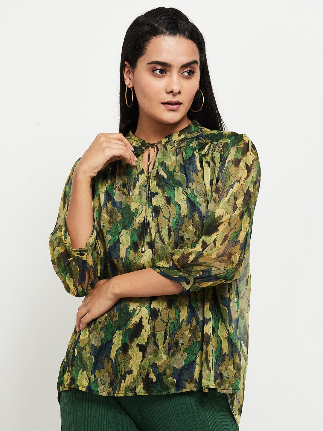 

max Women Black Print Tie-Up Neck Top