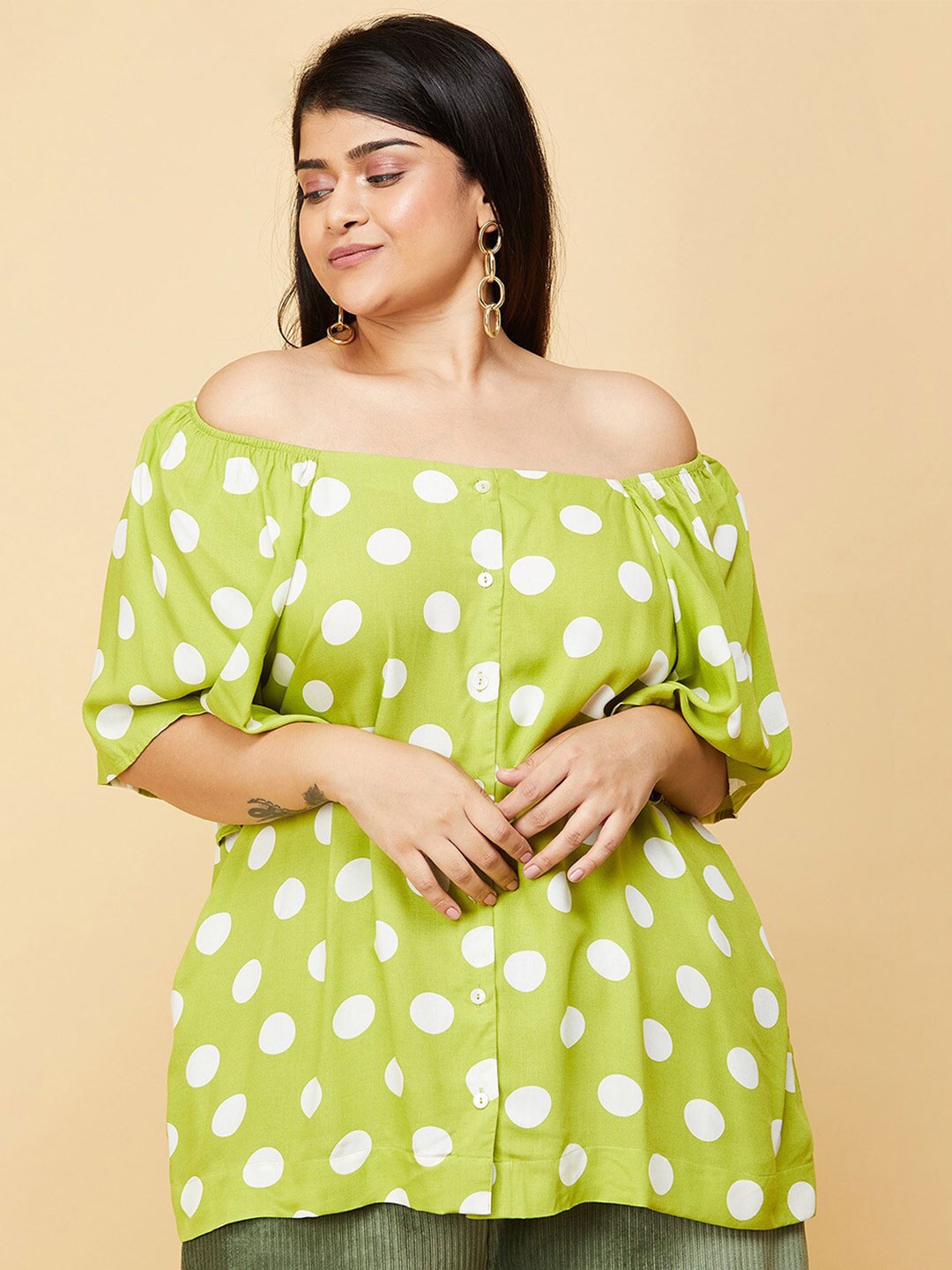 

max Green Print Off-Shoulder Bardot Longline Top
