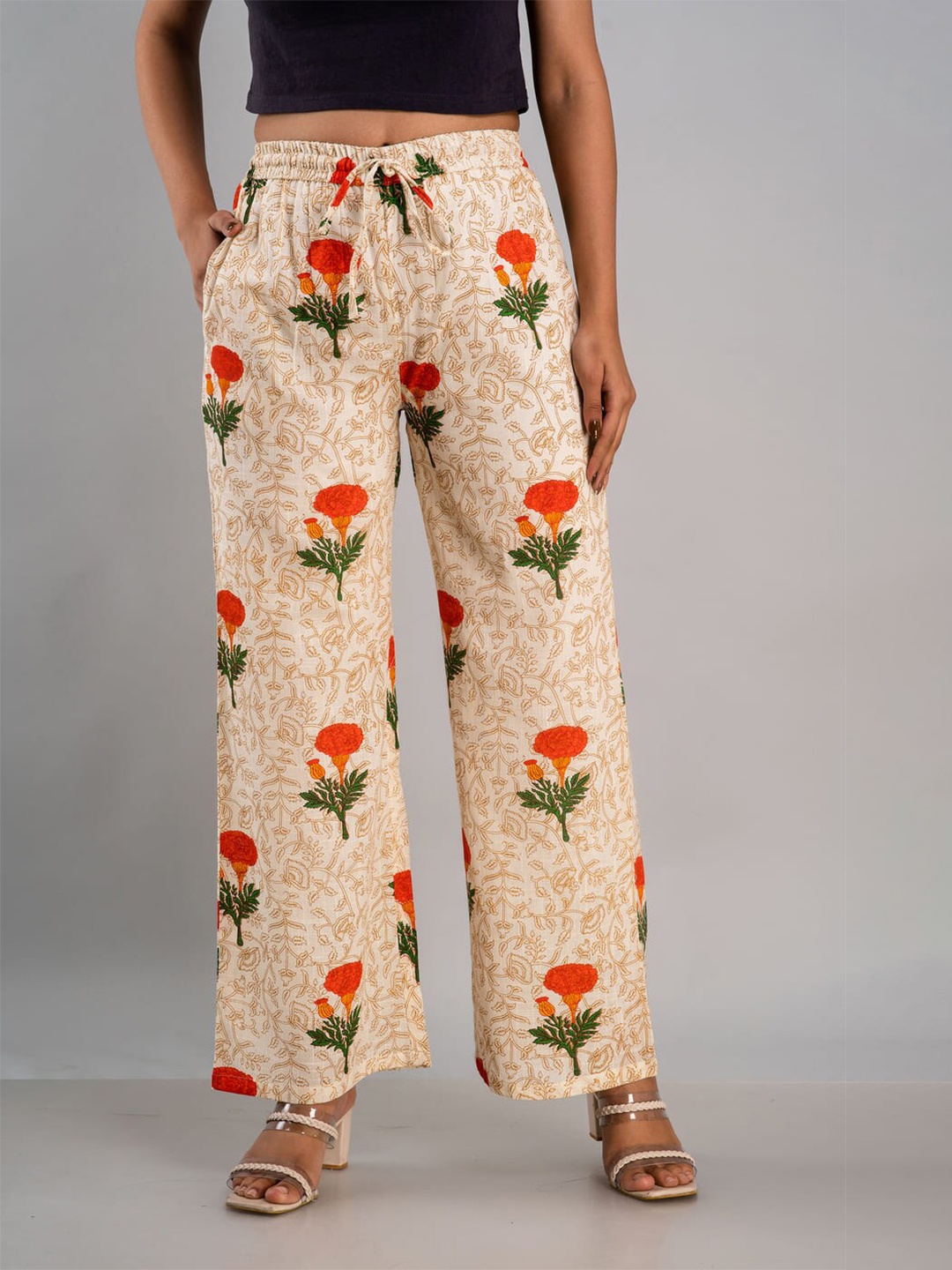 

MAUKA Women Cream-Coloured & Red Floral Printed Palazzos