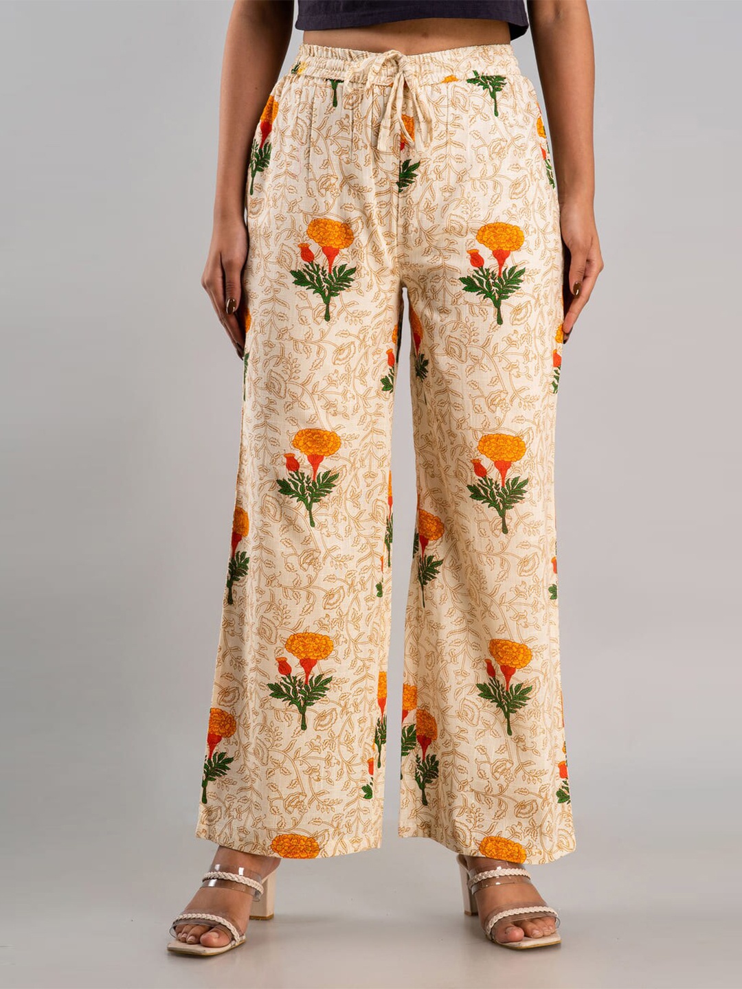 

MAUKA Women Cream-Coloured & Green Floral Printed Palazzos