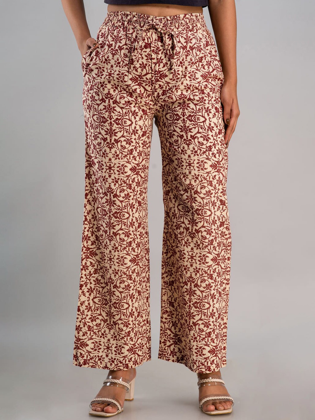 

MAUKA Women Cream-Coloured & Maroon Floral Printed Palazzos