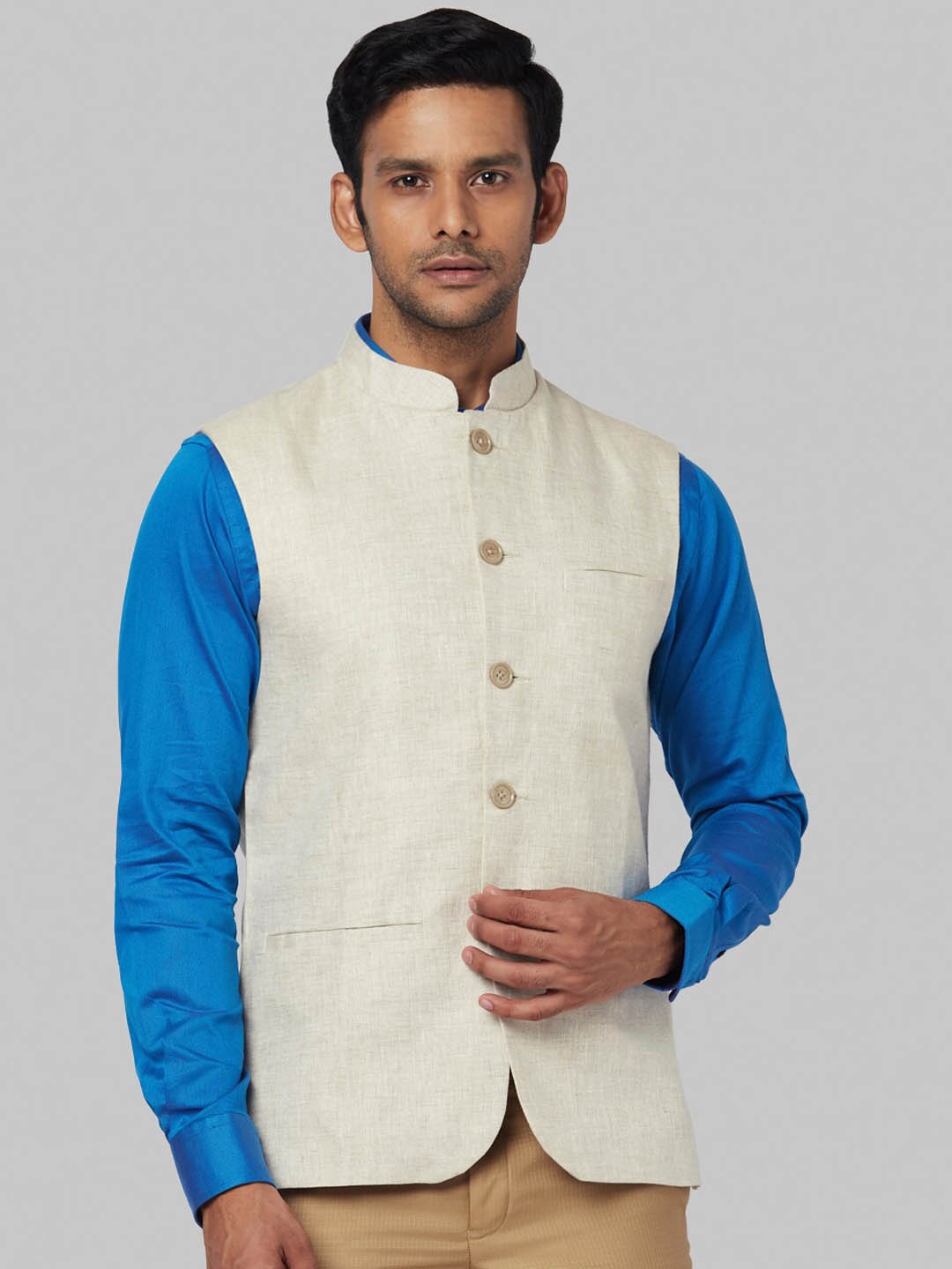 

Park Avenue Men Beige Solid Linen Nehru Jacket