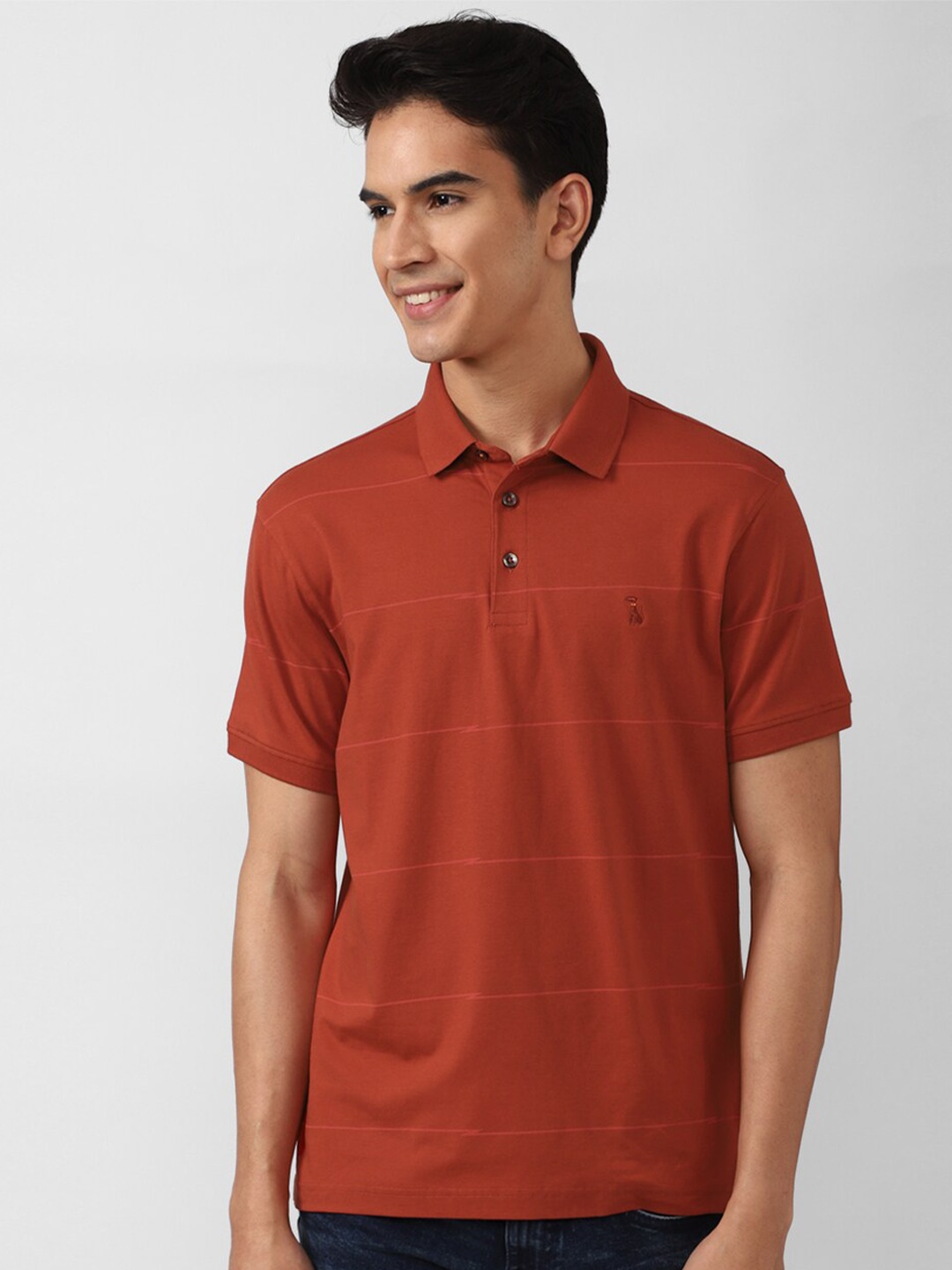 

SIMON CARTER LONDON Men Rust Striped Polo Collar Slim Fit T-shirt