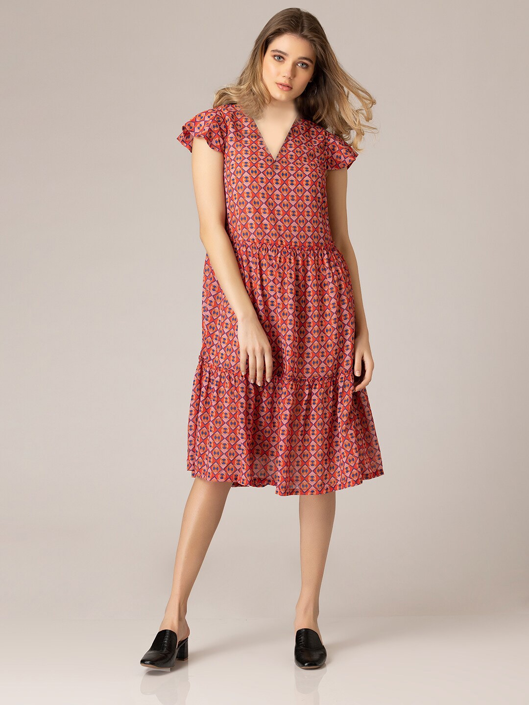 

SHAYE Women Coral Printed Georgette Dress