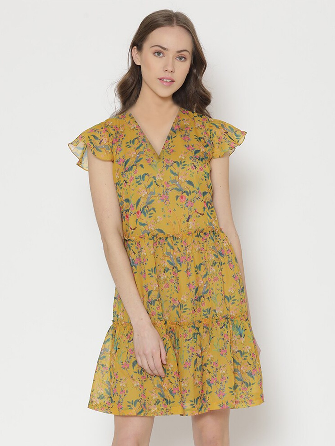 

SHAYE Women Yellow Floral Print Tiered Chiffon Dress