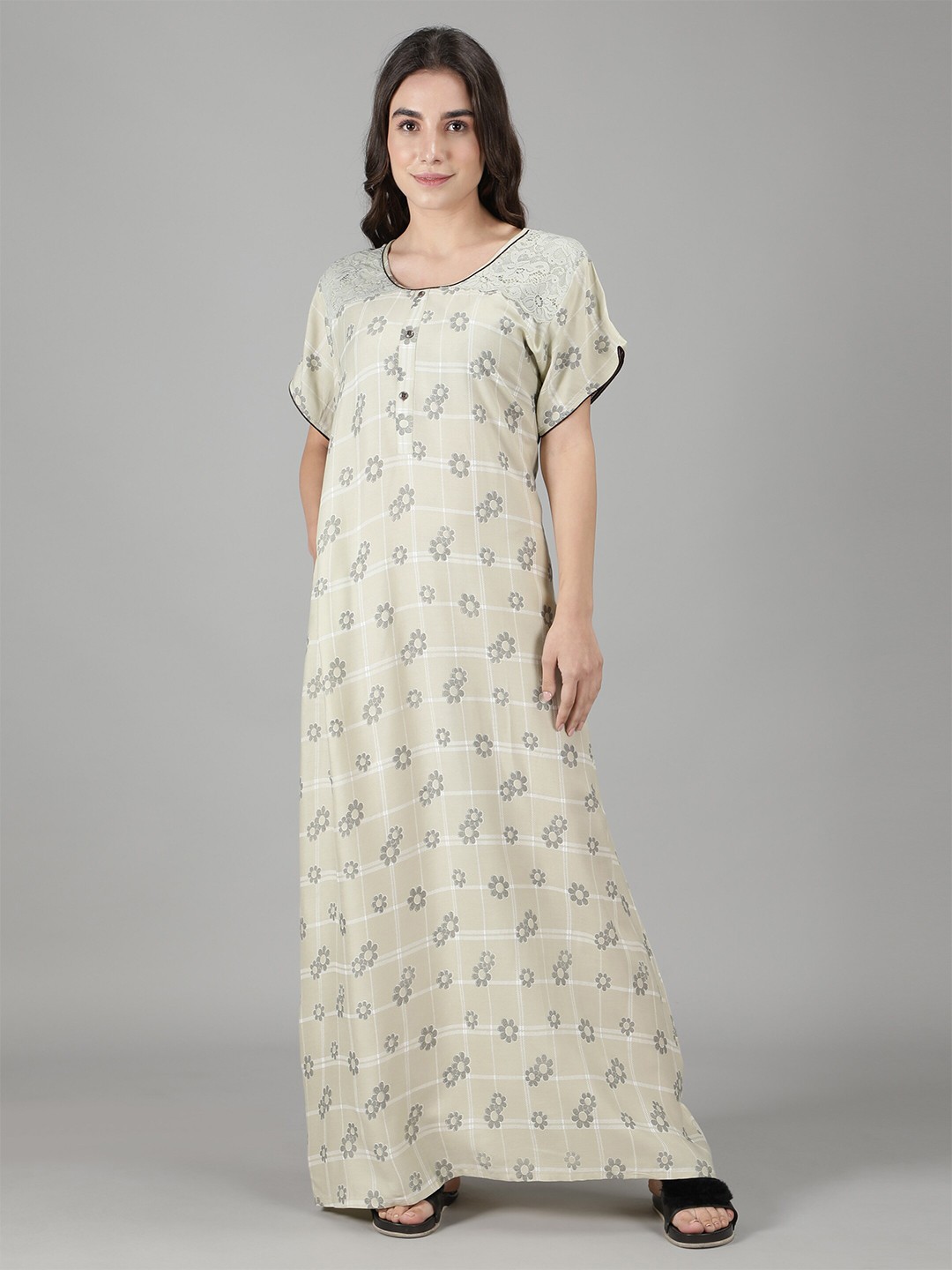 

NIGHTSPREE Beige Printed Maxi Nightdress