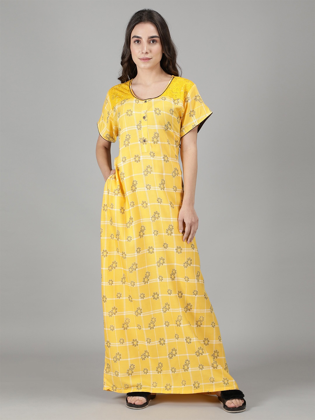 

NIGHTSPREE Yellow Printed Maxi Nightdress