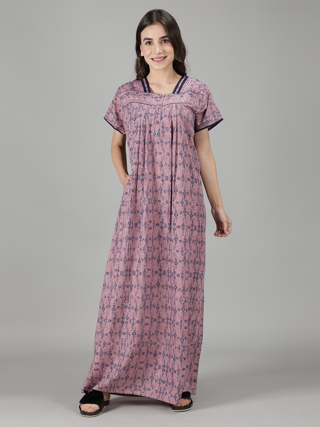 

NIGHTSPREE Women Pink Printed Cotton Maxi Nightdress