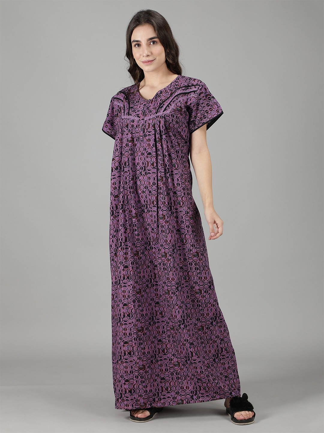 

NIGHTSPREE Women Purple Printed Maxi Nightdress