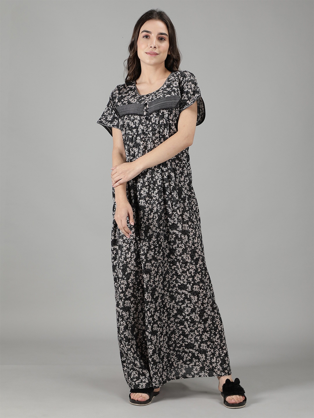 

NIGHTSPREE Black Printed Maxi Pure Cotton Nightdress