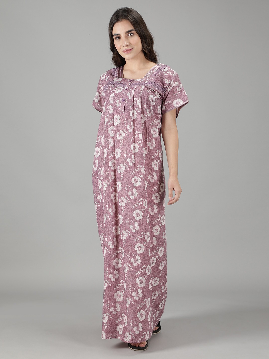 

NIGHTSPREE Women Purple Printed Maxi Cotton Nightdress