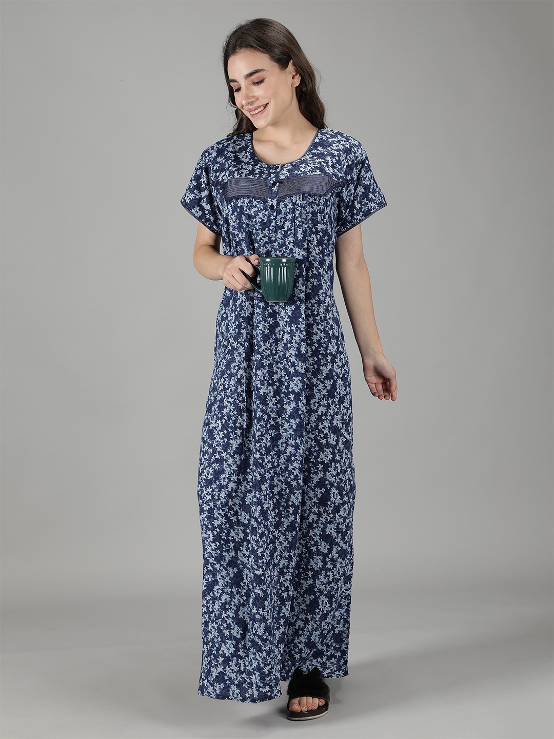 

NIGHTSPREE Women Blue Printed Maxi Nightdress