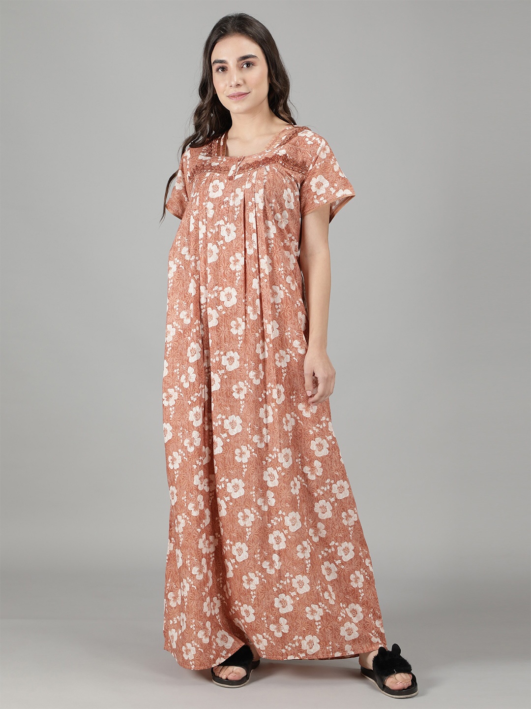 

NIGHTSPREE Peach-Coloured Printed Maxi Nightdress