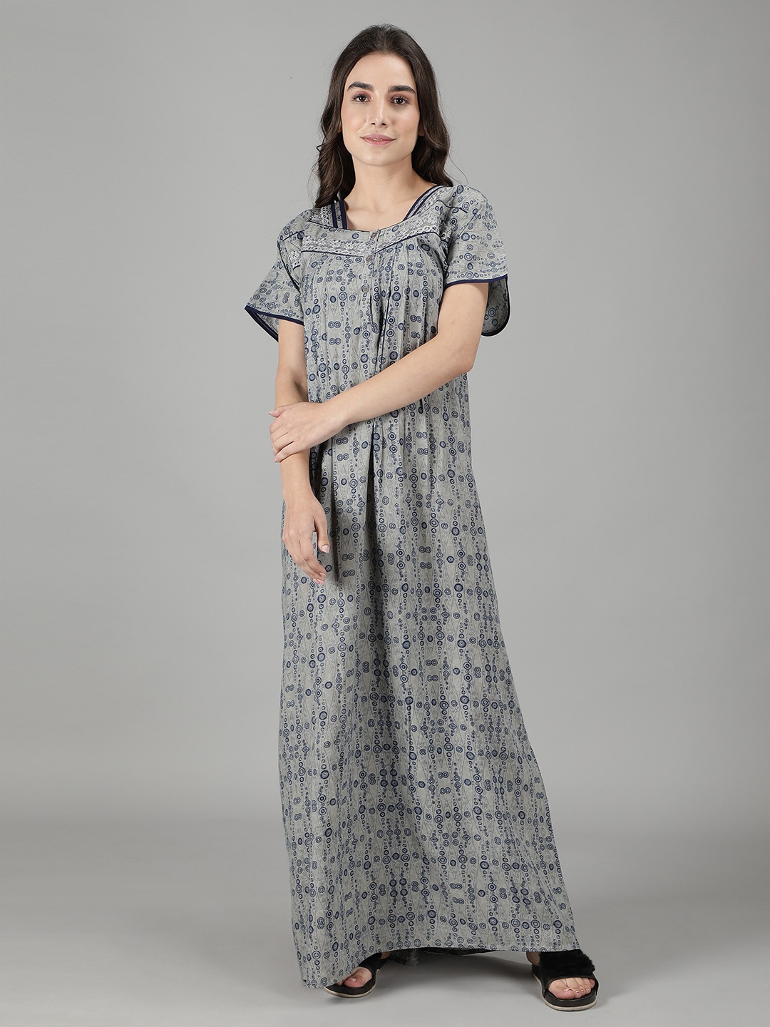 

NIGHTSPREE Grey Printed Pure Cotton Maxi Nightdress