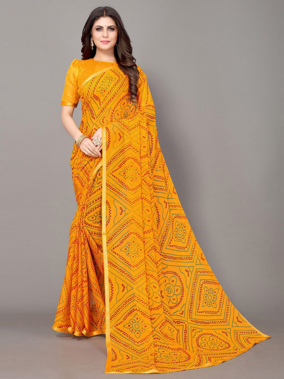 

KALINI Yellow Bandhani Zari Bandhani Saree