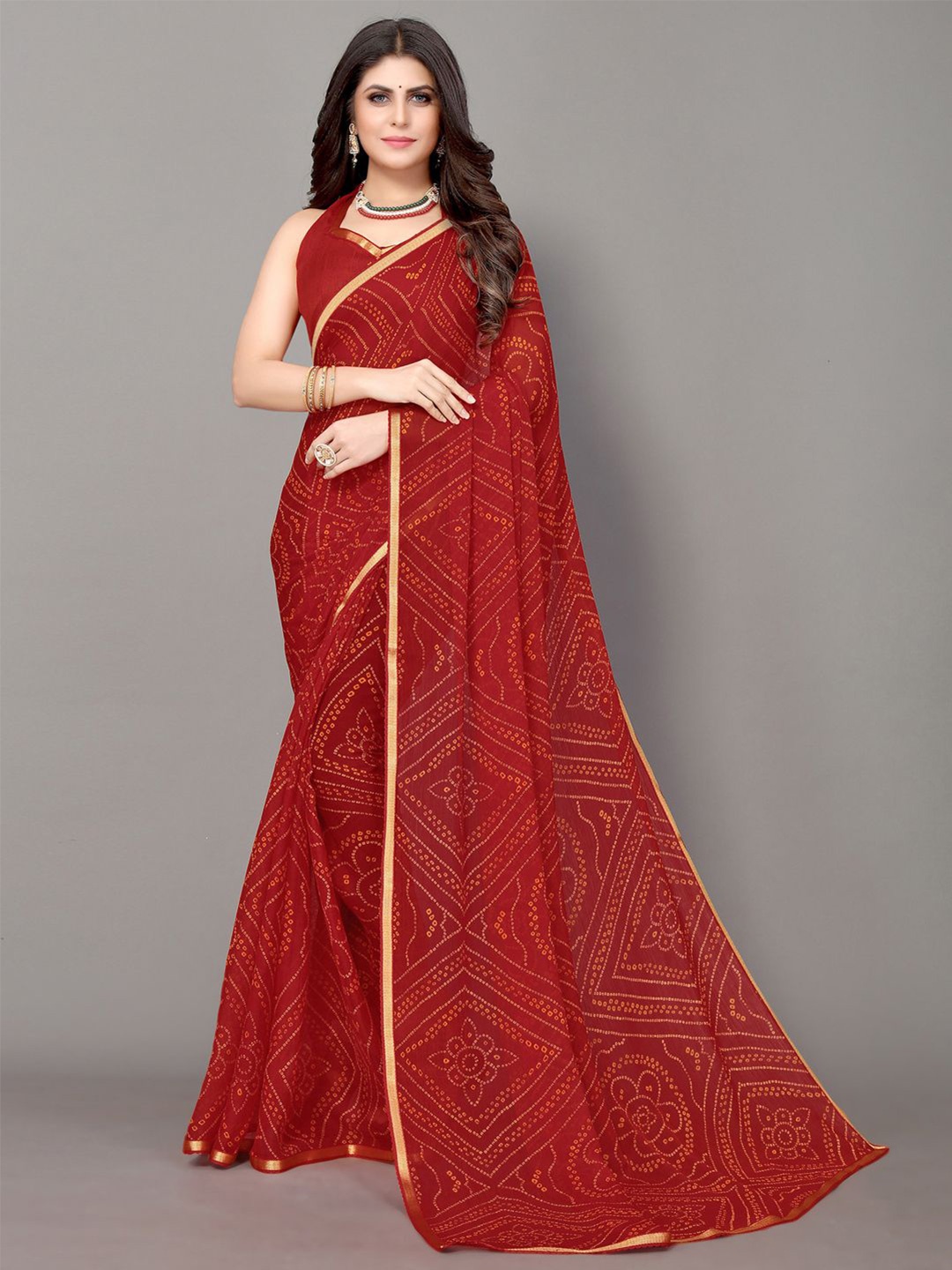 

KALINI Red Bandhani Saree