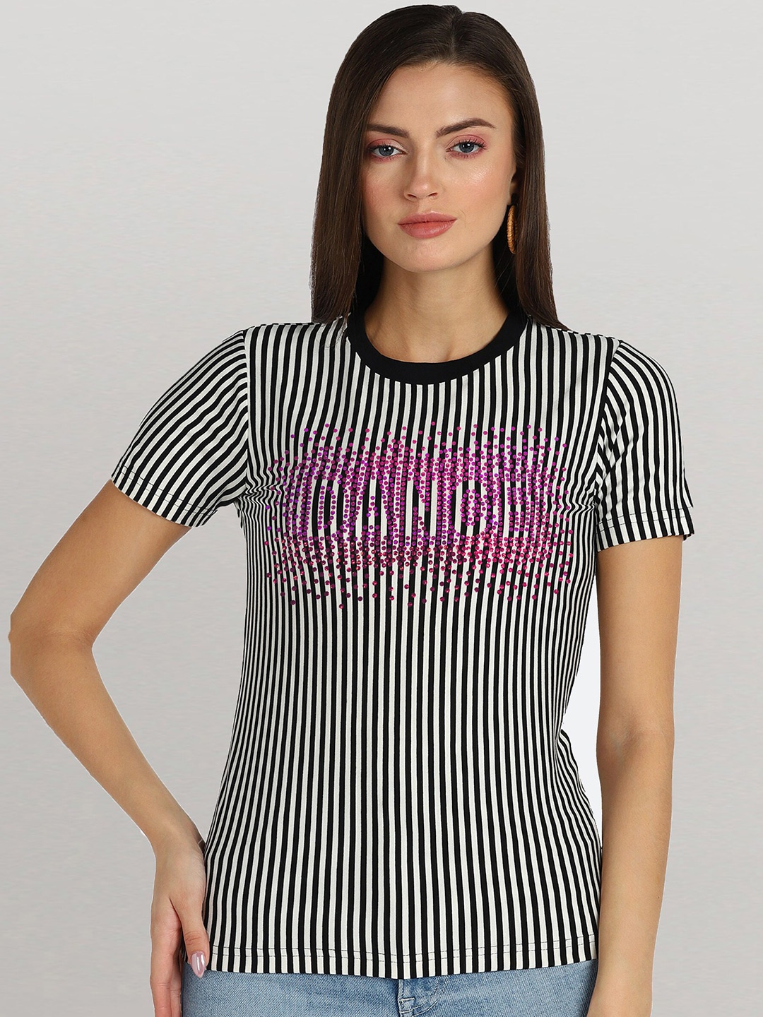 

shashvi Women Charcoal & White Striped T-shirt