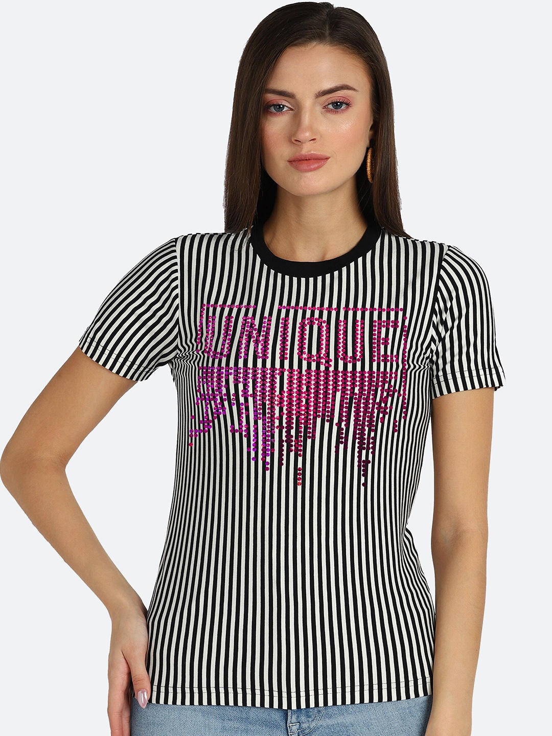 

shashvi Women Black & White Striped T-shirt