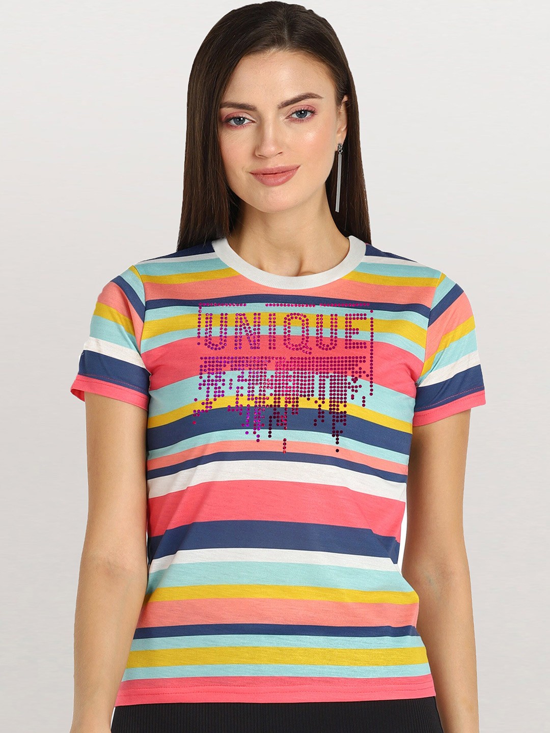 

shashvi Women Pink & Blue Striped T-shirt