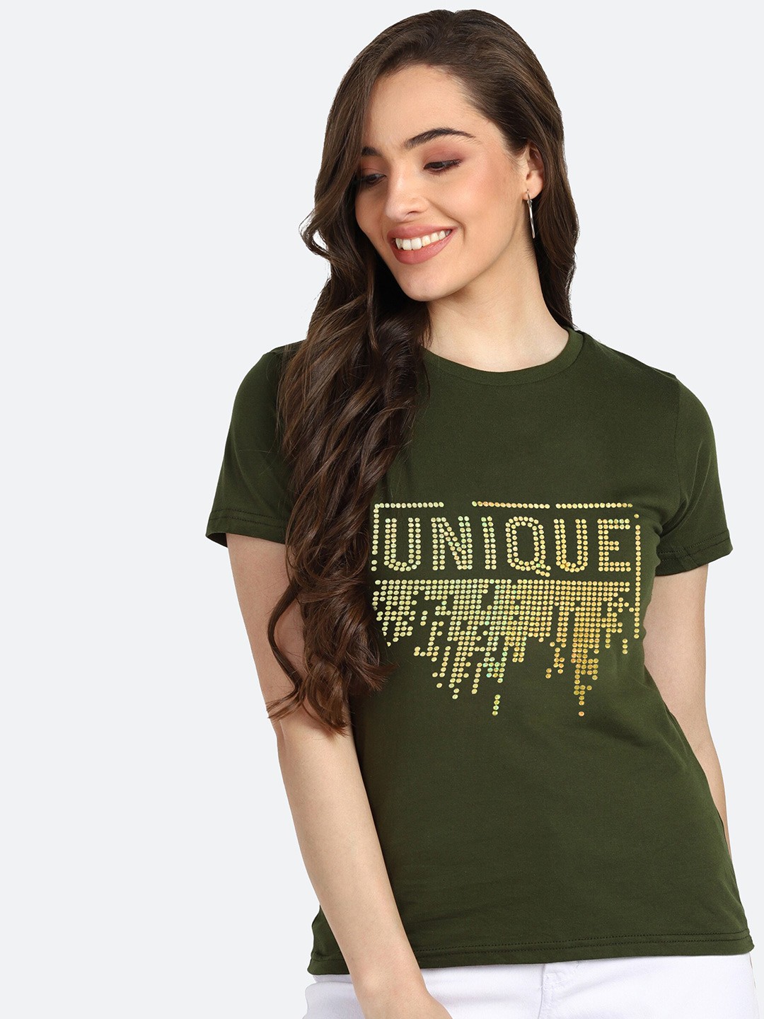 

shashvi Women Khaki Typography Printed T-shirt