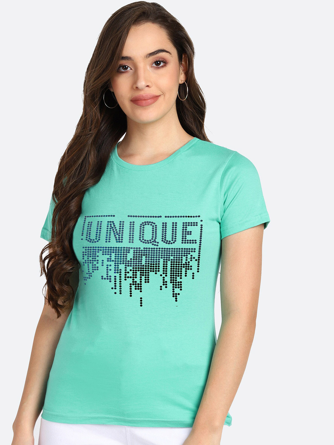 

shashvi Women Sea Green Embellished Cotton T-shirt