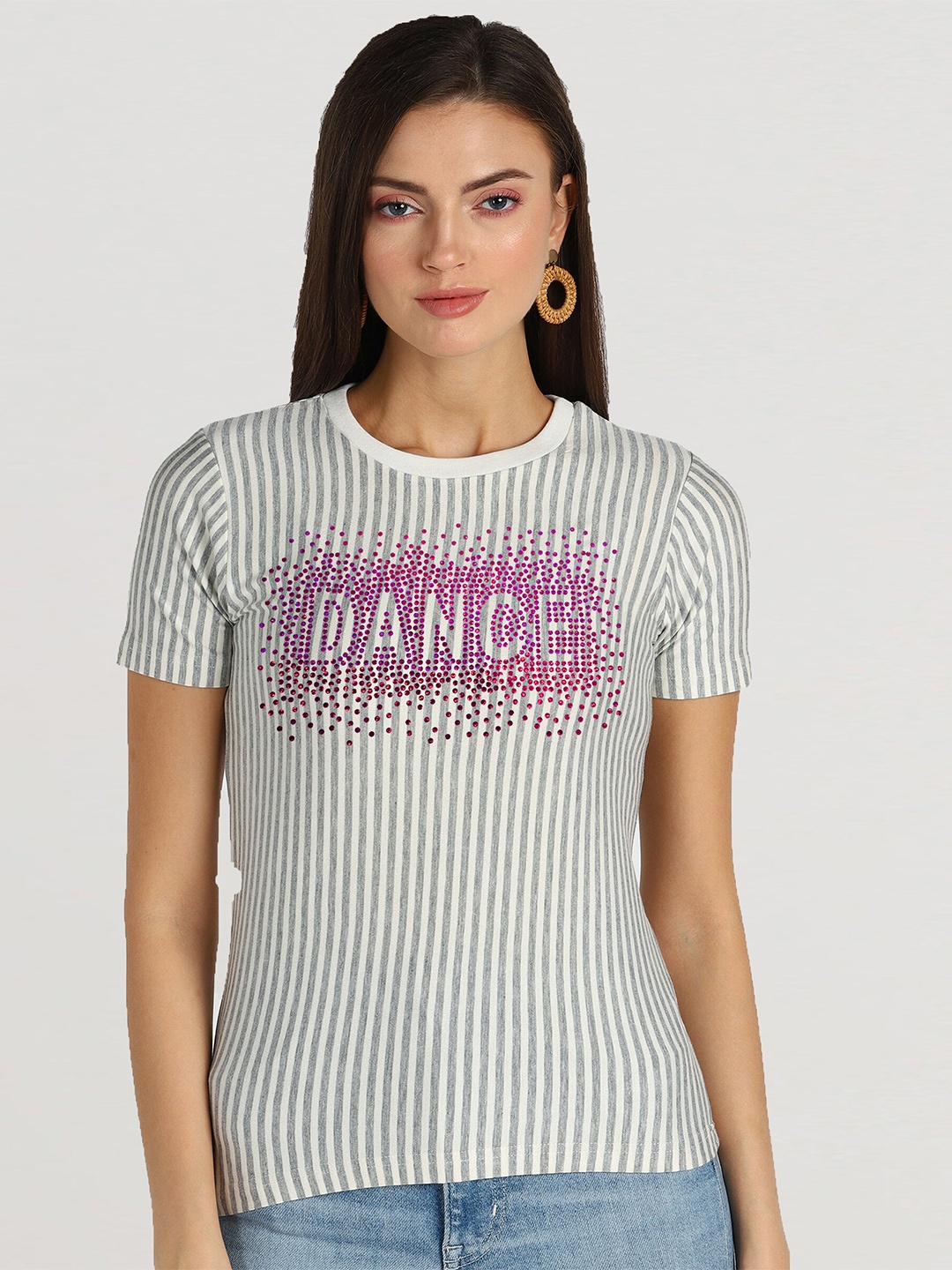

shashvi Women White & Grey Striped T-shirt